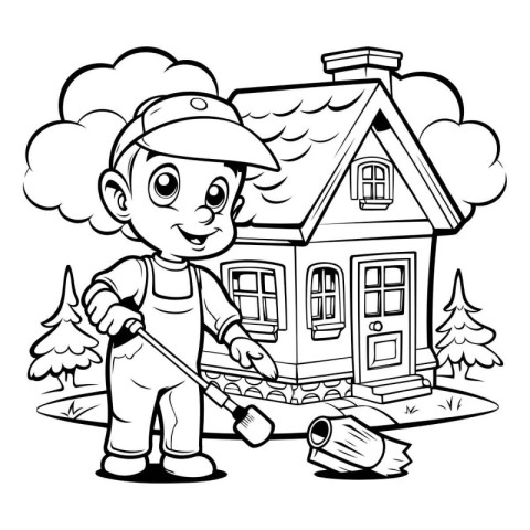 Black and White Cartoon Illustration of Cute Little Boy with a S