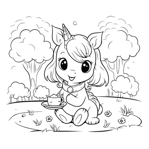 Unicorn girl with cup of coffee. Coloring book for children.