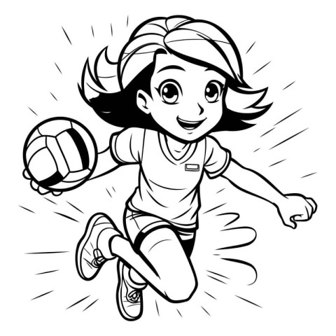 Girl Volleyball Player with Ball - Black and White Cartoon Illus