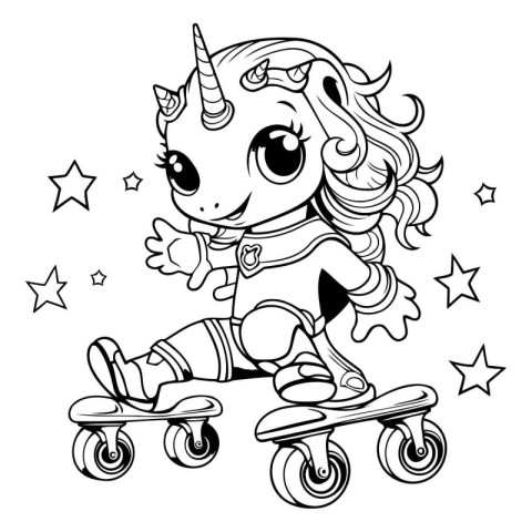 Black and white illustration of a cute unicorn riding a skateboa