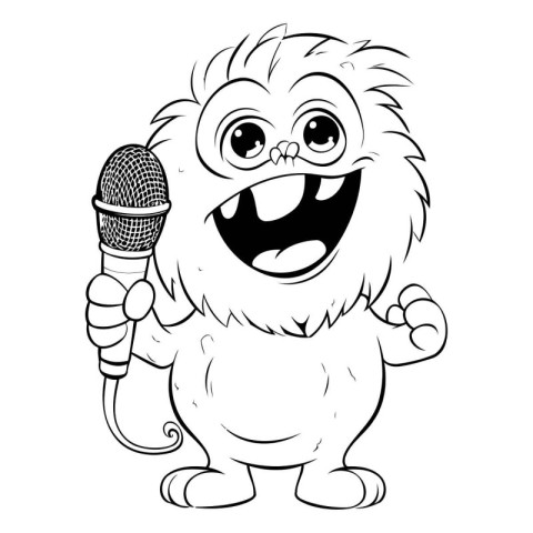 Lion Holding Microphone - Black and White Cartoon Illustration.