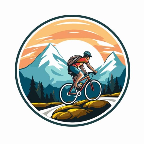 Mountain biker in front of the mountains. Vector illustration.