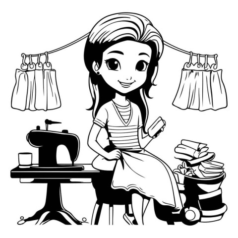 Girl sewing clothes in the shop. Black and white vector illustra