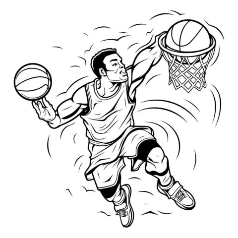 Basketball player jumping with ball. Black and white vector illu