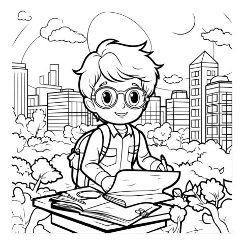 Black and White Cartoon Illustration of Little Boy Reading a Boo