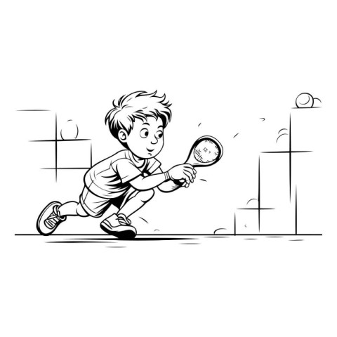 Boy playing tennis. Black and white vector illustration of a boy