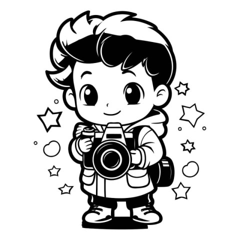 Cute boy with a camera. Black and white vector illustration.