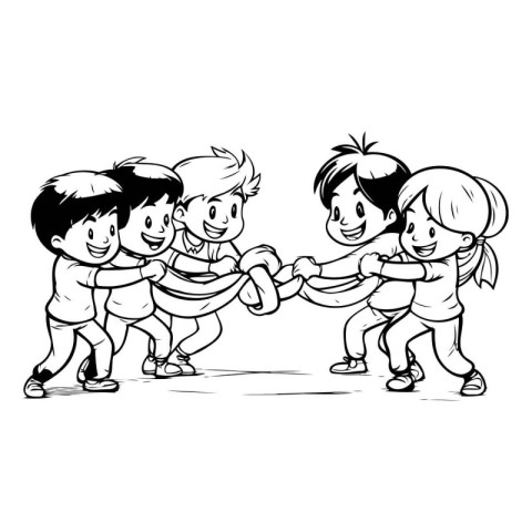 Cartoon kids playing tug-of-war. Vector illustration.