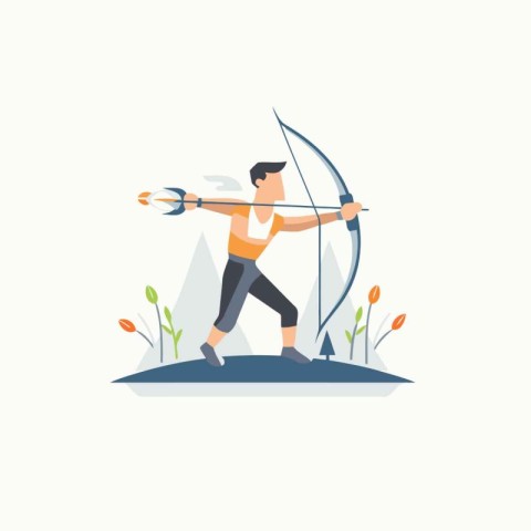 Archery sport vector flat illustration. Man practicing archery w