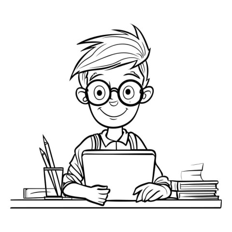 Boy with glasses working at the computer. black and white vector