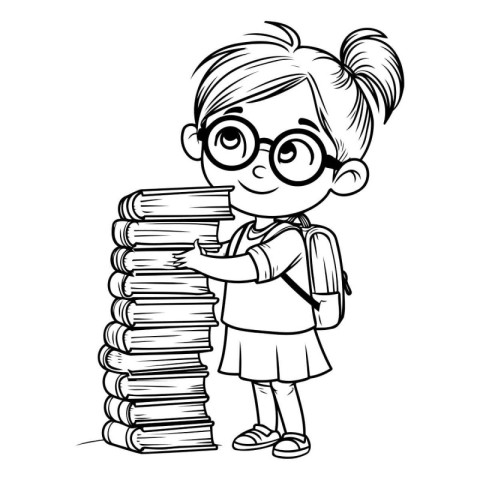 cute little student girl with schoolbag and books vector illustr