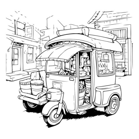 Tuk Tuk in the city. hand drawn vector illustration.