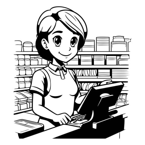 Teenage girl working at a computer in a library. Black and white