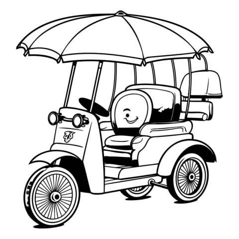 Tuk Tuk in Black and White Cartoon Illustration of a Tuk Tuk for