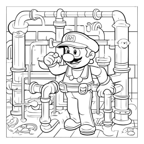 Black and White Cartoon Illustration of a Plumber or Plumber Cha