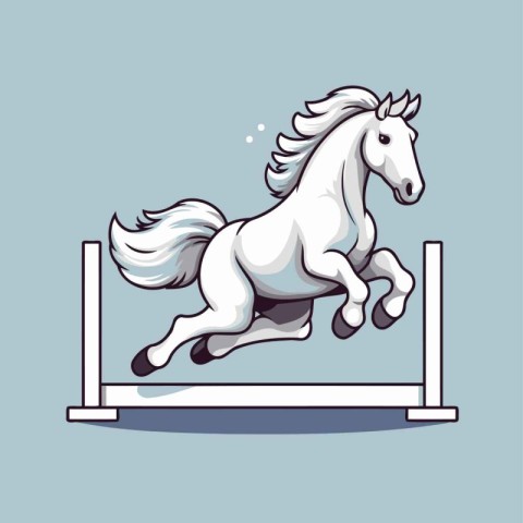 Horse jumping over a hurdle on a blue background. Vector illustr