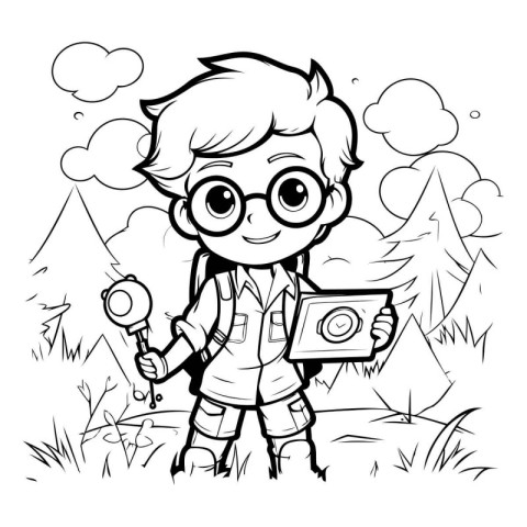 Outline illustration of a boy scout holding a magnifying glass.