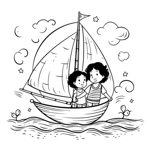 little boy and girl with sailboat in the sea vector illustration