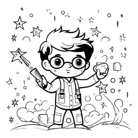 Boy with a magic wand in his hand. Black and white vector illust