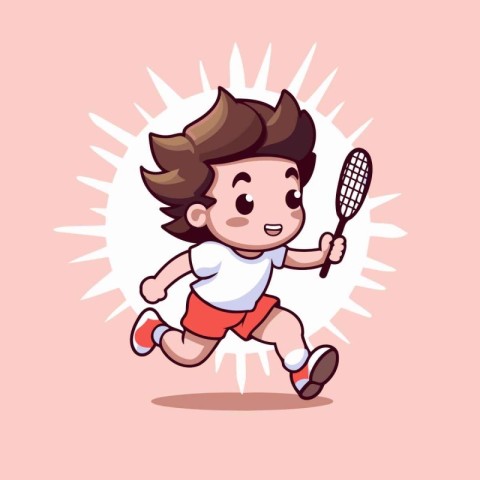 Boy playing badminton with racket. Vector illustration in cartoo