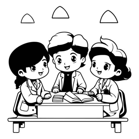 Illustration of Stickman Kids Reading a Book - Coloring Page