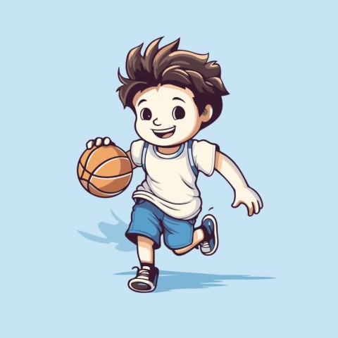 Cartoon boy playing basketball on blue background. Vector illust