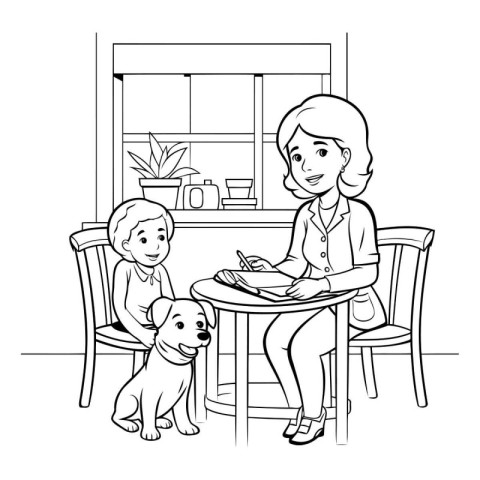 Mother with son and dog at home. coloring page for adults.