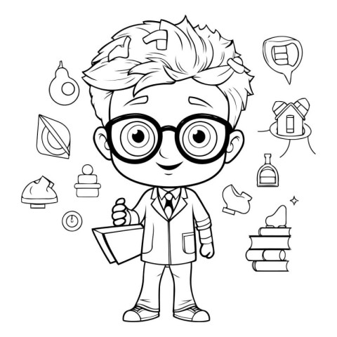 Cute cartoon boy with school supplies. Black and white vector il