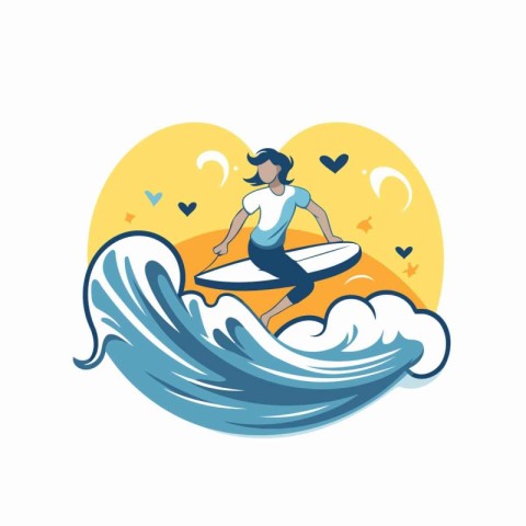 Surfer with surfboard on the wave. Vector illustration in flat s