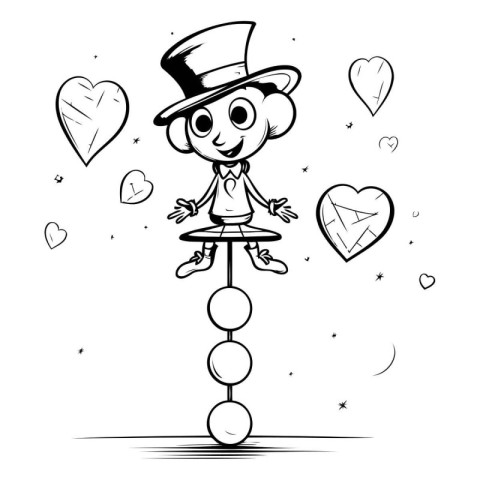 Cartoon illustration of a magician juggling with hearts on a sti