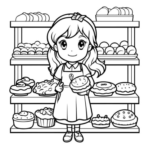 Black and White Cartoon Illustration of Cute Little Girl in Bake