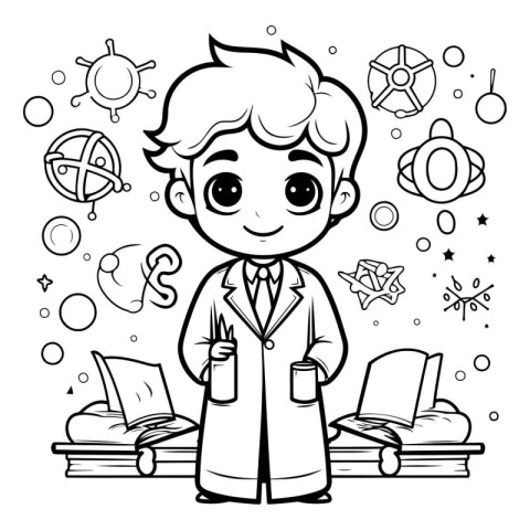 Black and White Cartoon Illustration of Kid Studying or Learning