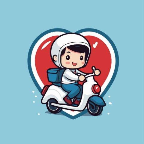 Cute boy riding a scooter in a heart shape sticker illustration