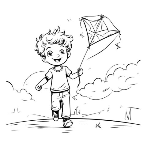 Cute little boy playing with a kite. sketch for your design