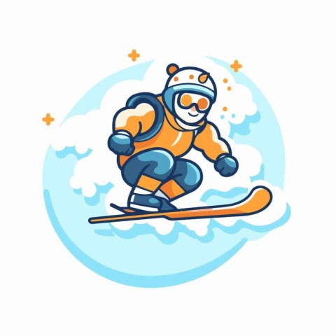 Cartoon skier riding on a snowboard. Vector illustration.