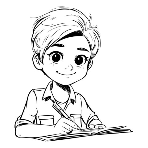 Cute boy doing homework. sketch for your design. Vector illustra