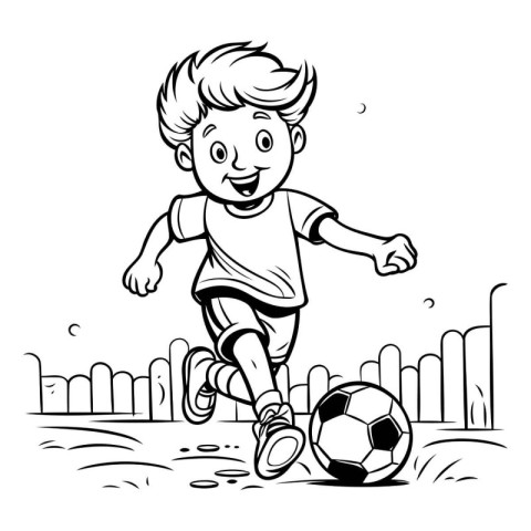 Cartoon boy playing soccer. Black and white vector illustration