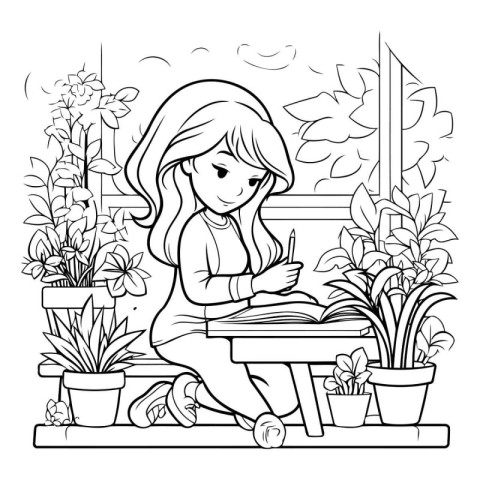 Girl reading a book on the balcony. Coloring book for adults. Ve