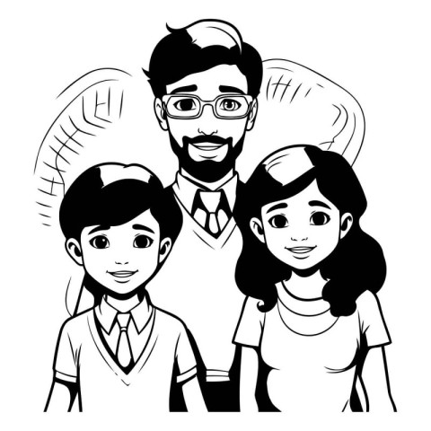 Family father with adult son and daughter cartoon black and whit