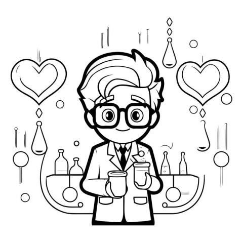 Black and white illustration of a man in glasses holding a cup o