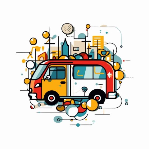 Vector illustration of a campervan with colorful icons on white