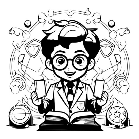 Vector illustration of a schoolboy with glasses holding a book.