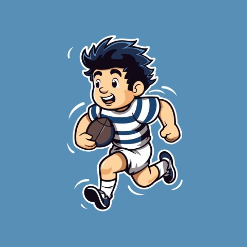 Cartoon rugby player running with ball. Vector illustration of a