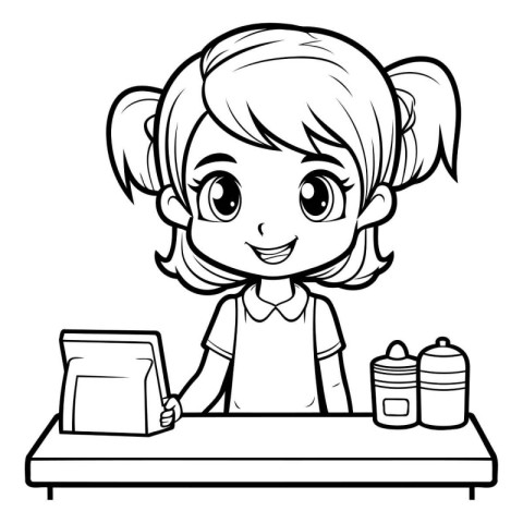 Coloring book for children - Girl at the table. Vector illustrat