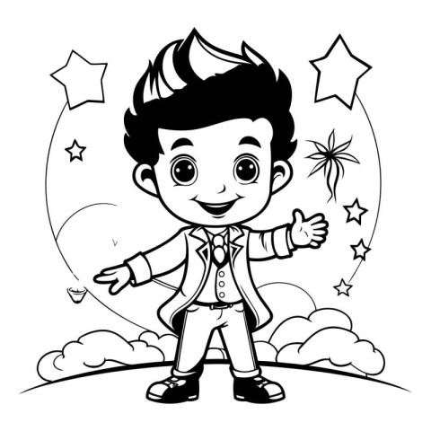 Vector illustration of Cute cartoon boy with stars and confetti.