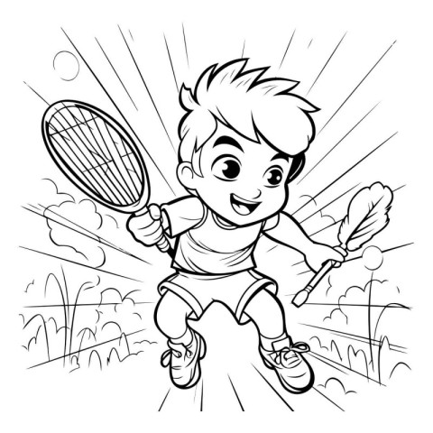 Boy playing badminton. Black and white vector illustration for c