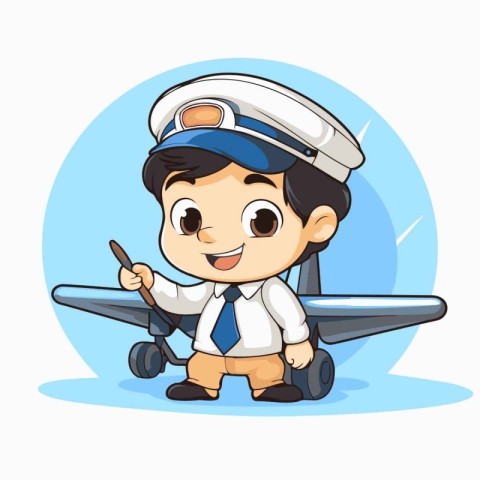 Airplane pilot with airplane on the blue background. Vector illu