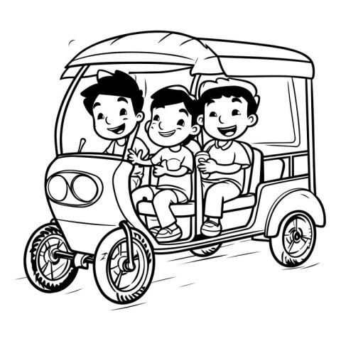 Rickshaw with two boys on a white background. Vector illustratio