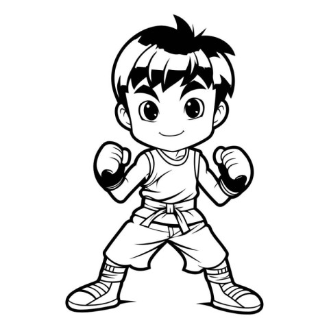 Kung fu boy - Black and White Cartoon Illustration. Vector