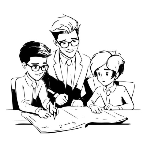 teacher and students in the classroom. vector illustration in bl